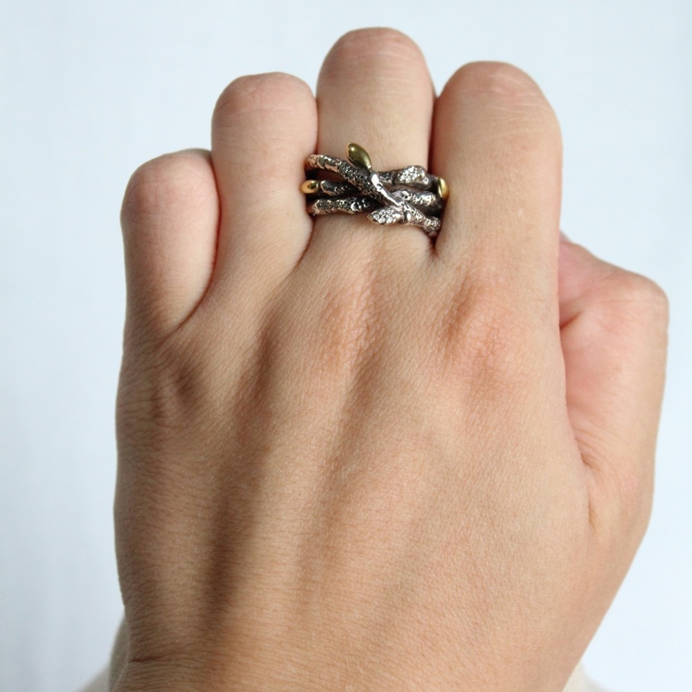 Stephen Dweck Diamonds Sterling Silver & Gold Triple Branch Ring Size 8 - Picture 8 of 11